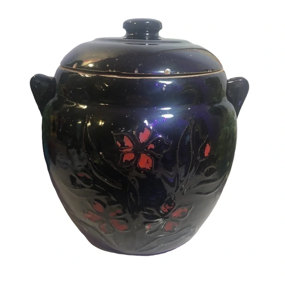 Vintage Crock Cookie Jar, Bean Pot & Lid, Cold Paint Floral